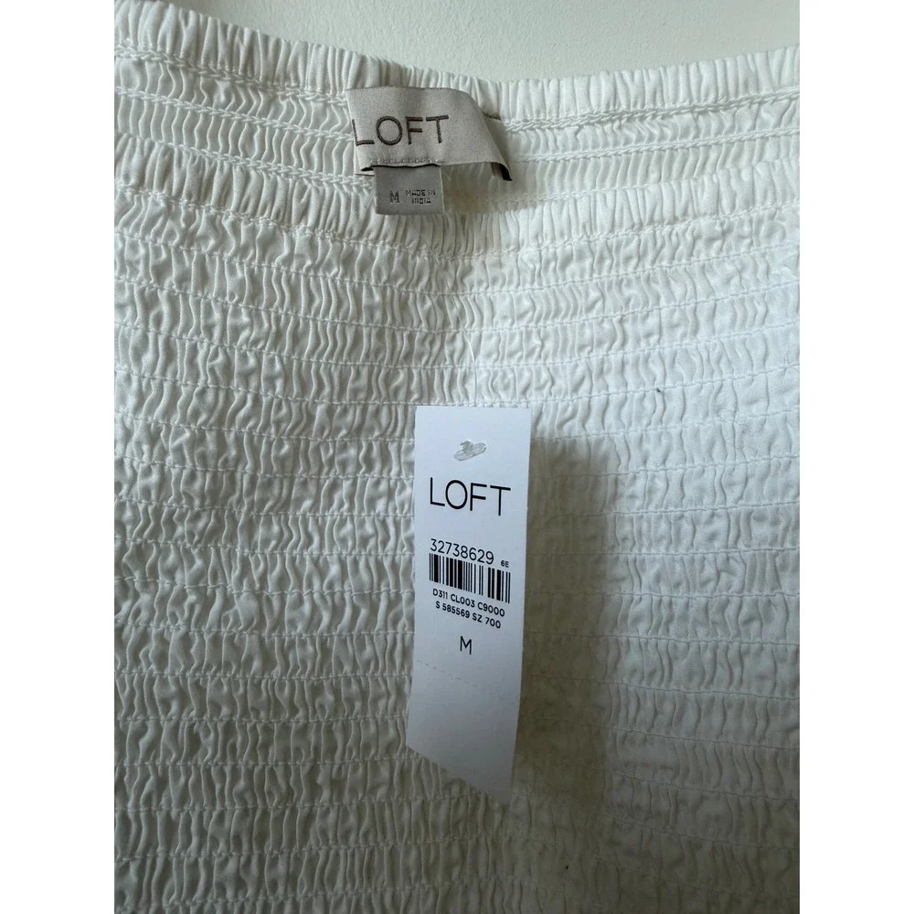 Loft White Smocked Peplum Top Puff Sleeve Square Neck Blouse 32738629 Size M NEW